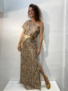 Vestido Morcego Ombro Só Longo Paetê Dourado Rebordado - comprar online