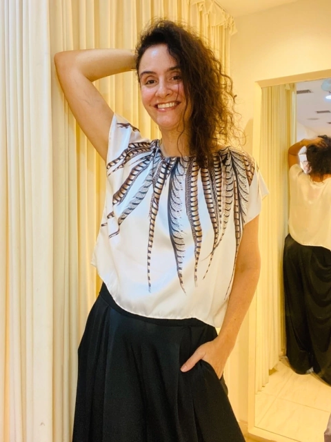 Camiseta Cropped Cetim Faisão Branco