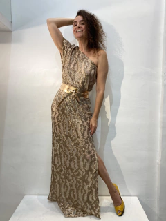 Vestido Morcego Ombro Só Longo Paetê Dourado Rebordado na internet