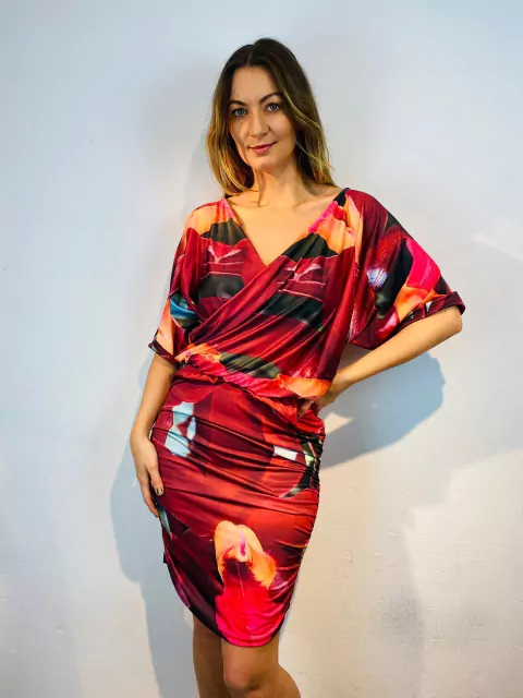 Vestido Transpasse Saia Franzida Orquidea Vermelho