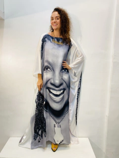 Vestido Maxi Longo Cetim Alcione Preto e Branco