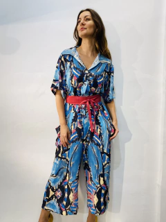 Macacão Social Crepe Folhagem Azul - ALESSA