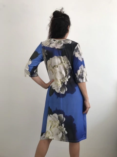 Vestido Curto Evasê Manga 3/4 Jersey Hortênsia Azul - loja online