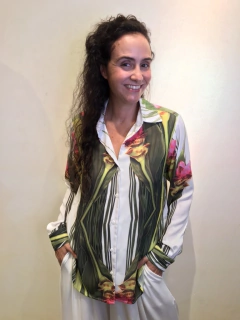 Camisa Social Crepe Folhagem Verde