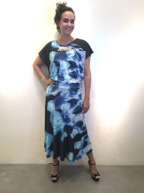 Saia MÍDI Evasê Jersey Rosa Azul