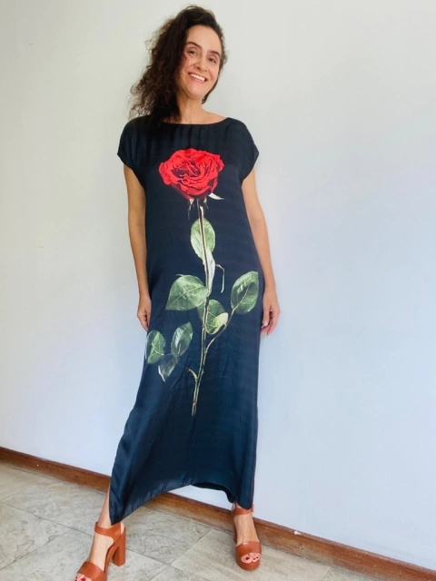 Vestido Kaftan Longo Cetim Rosa Única Preto