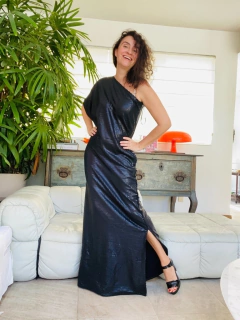 Vestido Ombro Só Morcego Longo Paetê Preto - ALESSA