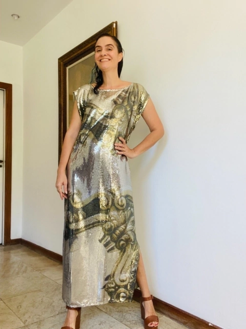 Vestido Kaftan Longo Paetê Espelho