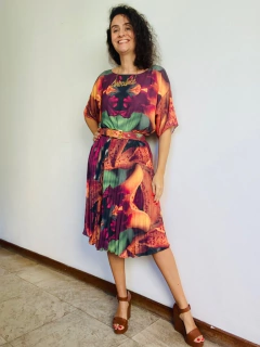 Image of Vestido Morcego Plissado Curto Orquidea Laranja