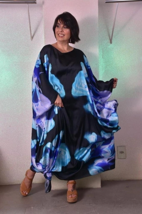 Vestido Longo Maxi Cetim Rosa Azul
