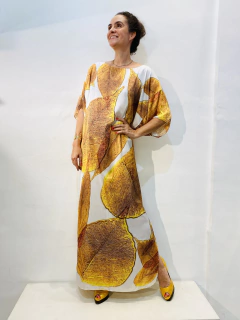 Vestido T Longo Cetim Folhas Douradas