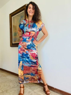 Vestido Kaftan Longo Cetim Pop Paint