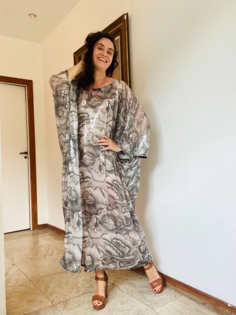 Vestido Maxi Longo Paetê Chita Cinza