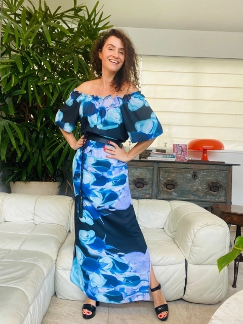 Vestido Cigana Longo Crepe Rosa Azul