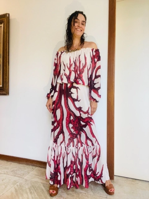 Vestido Bufante Longo Chiffon Coral