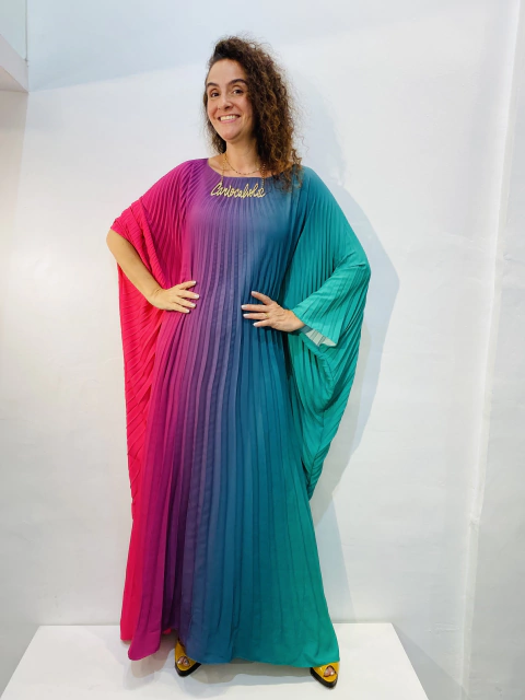 Vestido Maxi Longo Cetim Verde e Rosa