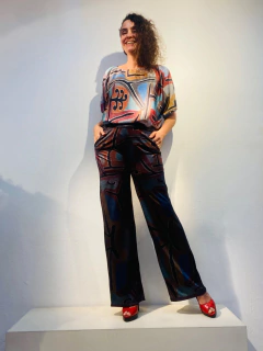 Calça Reta Malha Metalizada Paul Klee Rosa