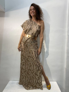 Vestido Morcego Ombro Só Longo Paetê Dourado Rebordado - loja online