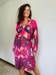 Vestido Chemise Curto Crepe Orquídea Vermelho