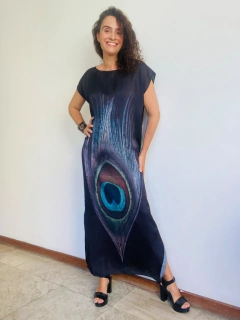 Vestido Kaftan Longo Cetim Pavão Preto - online store