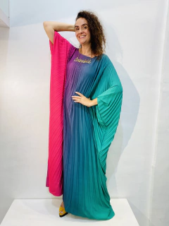 Image of Vestido Maxi Longo Cetim Verde e Rosa