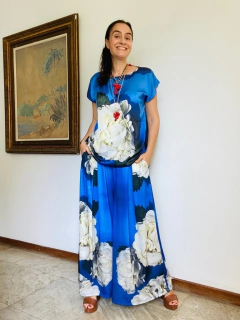 Camiseta Kaftan Cetim Hortênsia Azul on internet