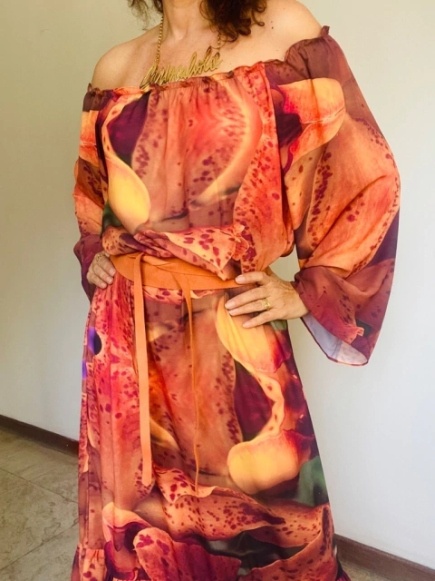 Vestido Bufante Longo Babado Crepe Orquídea Laraja