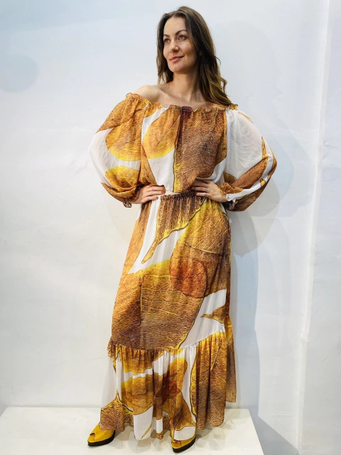 Saia Longa Babado Chiffon Folha Dourada