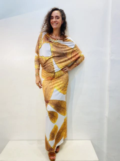 Vestido Longo Decote V Costas Jersey Folha Dourada - online store