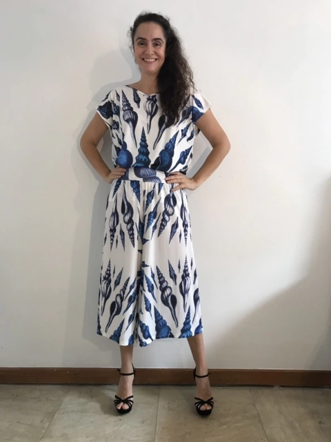 Calça Pantacourt Jersey Concha Azul