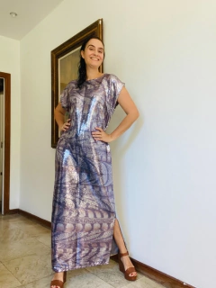 Vestido Kaftan Longo Paetê Faisão Corrido - ALESSA