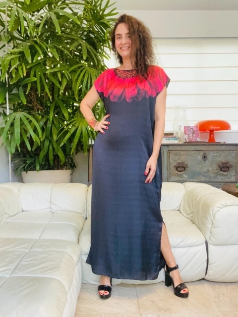 Vestido Kaftan Longo Cetim Gérbera