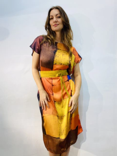 Vestido Kaftan Curto Cetim Quadrados - loja online