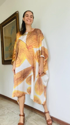 Vestido Maxi Curto Cetim Folhas Douradas