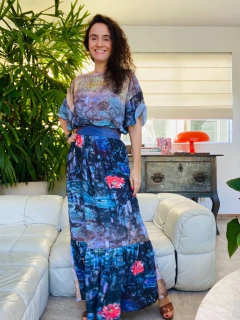 Vestido Babados Crepe Monet Azul