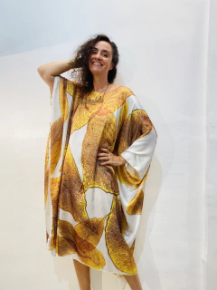 Vestido Maxi Curto Cetim Folhas Douradas - ALESSA