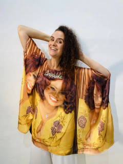 Camiseta Maxi Cetim Alcione Amarela Quadrados - ALESSA