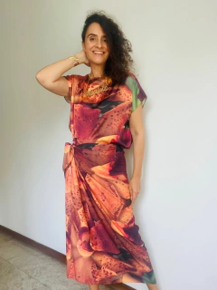 Saia Pareô Longa Crepe Orquídea Laranja - ALESSA