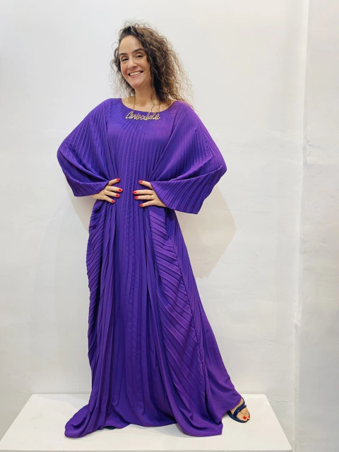 Vestido Plissado Longo Crepe Roxo