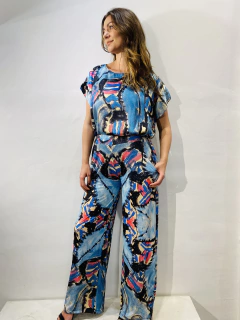 Calça Reta Jersey Folhagem Azul