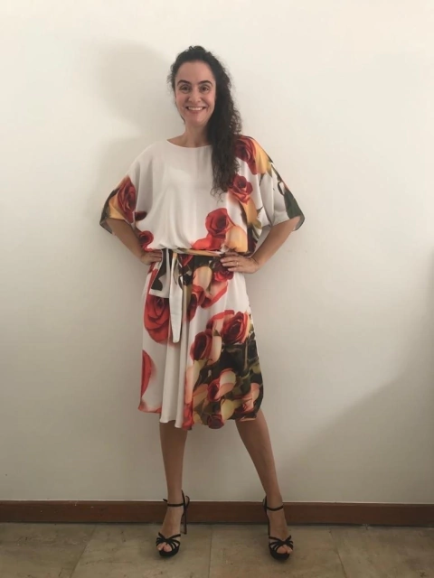 Vestido Morcego Evasê Crepe Rosa Ocre