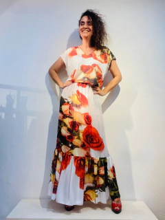 Saia Babado Longo Chiffon Rosa Ocre