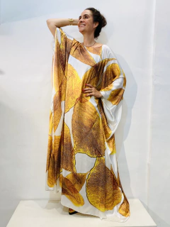 Vestido Maxi Longo Cetim Folha Dourada