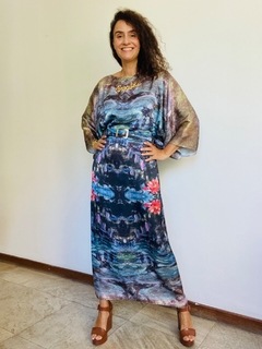 Vestido Maxi Longo Cetim Monet Azul