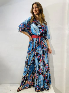 Vestido Morcego Saia Plissada Crepe Folhagem Azul