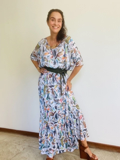 Vestido Morcego Bab Longo Crepe Pássaros