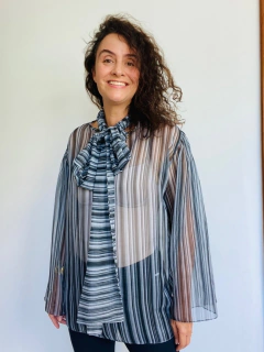 Blusa Laço Manga Sino Chiffon Listras PB on internet