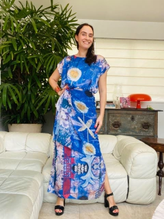 Vestido Kaftan Longo Cetim Paul Klee Azul - loja online