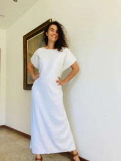 Vestido Kaftan Longo Paetê Branco - ALESSA