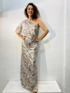 Vestido Morcego Ombro Só Longo Paetê Branco Cobre